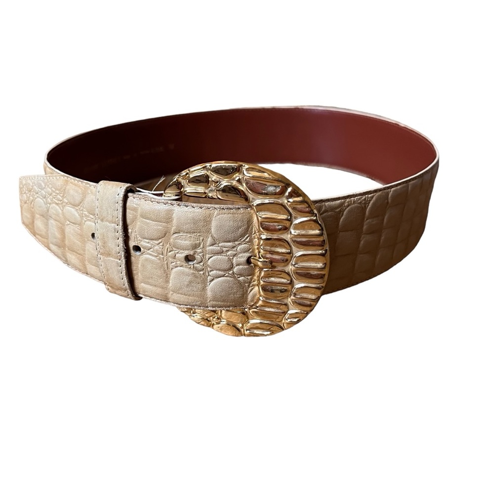 Vintage Croc Embossed Leather Waist Belt Wide Statement Gold Tone Buckle Size M
